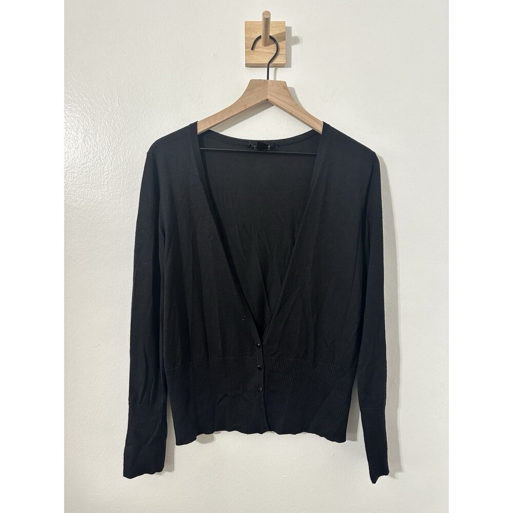 St. John Black Cardigan Lightweight Sweater Silk Wool Cashmere Missing Button MD